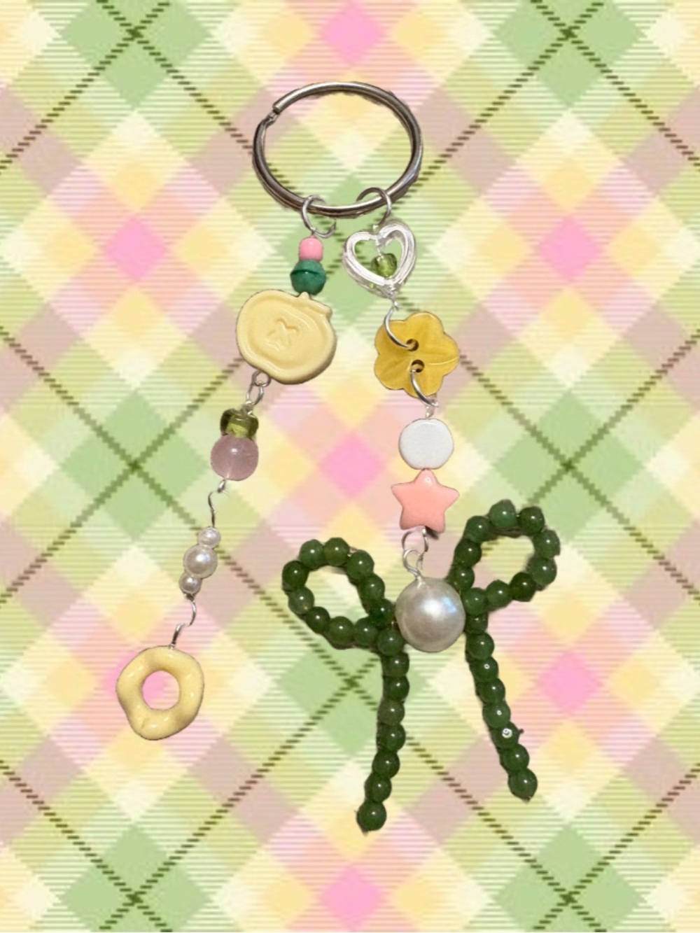 Handmade Green Bead Bow Keyring with Pastel Charms